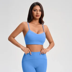 Front view of MZ-1003 Sky Blue yoga bra with an elegant scoop neck