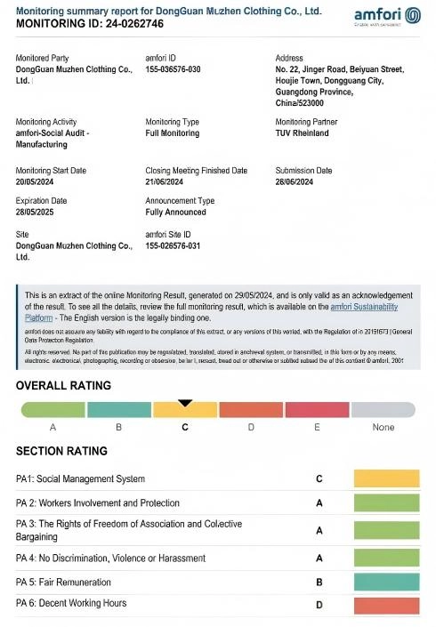 amfori BSCI social audit report and business compliance monitoring summary for muzyoga factory.