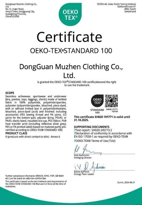 Official OEKO-TEX STANDARD 100 certificate for muzyoga's fabric safety and non-harmful textiles.