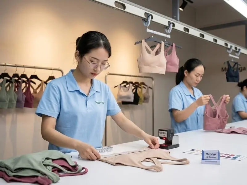 muzyoga quality control team performing rigorous inspections on finished yoga wear.