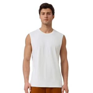 Front view of men's White Lenzing Modal sleeveless gym shirt.