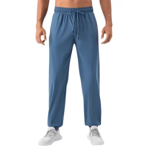 Front profile of men's Deep Blue high-elastic cooling joggers on a white background.