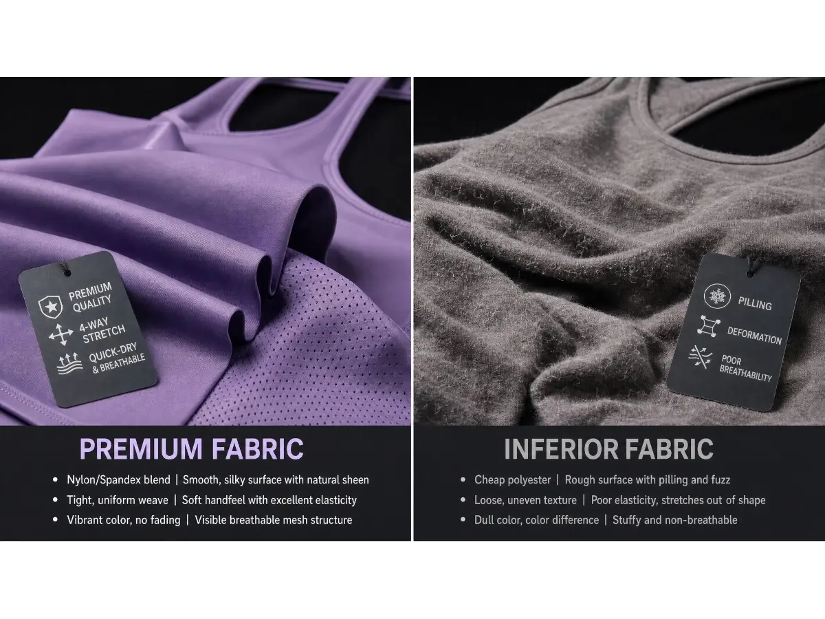 Detailed comparison of premium 40G high-density nylon-spandex yoga fabric vs inferior pilling polyester material showing texture and durability differences.