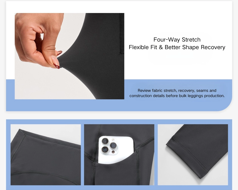 Black leggings fabric stretch and construction details for activewear sample review