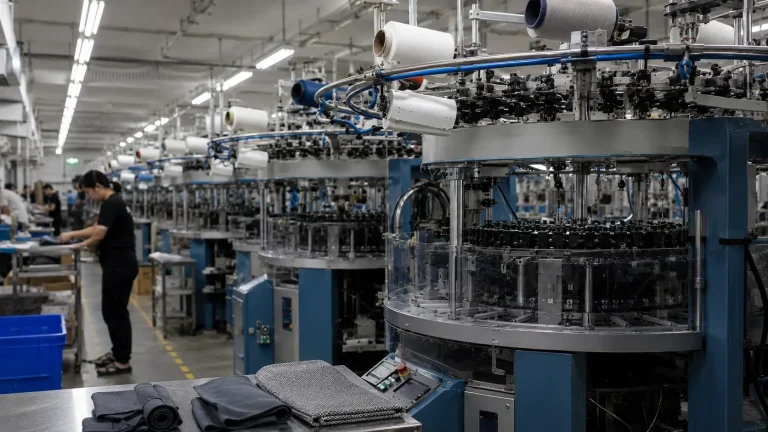 Circular knitting machines used in the seamless activewear manufacturing process