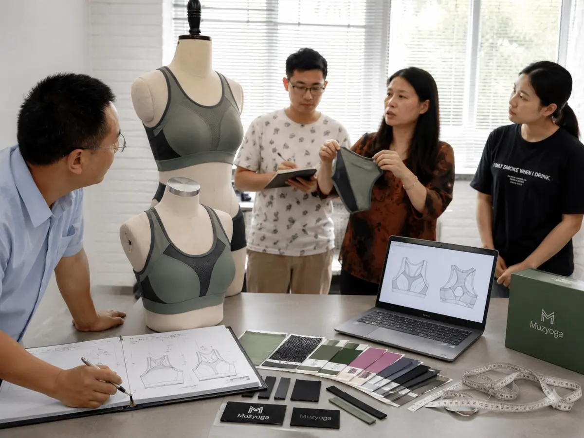 Muzyoga activewear sample development meeting with sports bra prototypes and technical design review