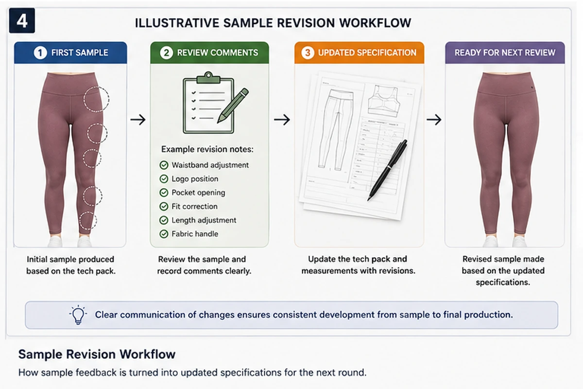 Activewear Tech Pack Checklist: From Quote to Sample to Bulk Production 5 Illustrative activewear sample revision workflow from first sample to updated specification