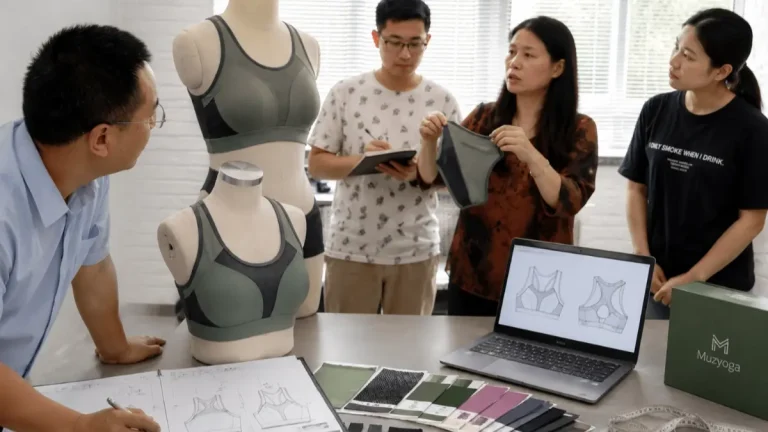 Muzyoga team reviewing sports bra prototypes during the activewear sampling process