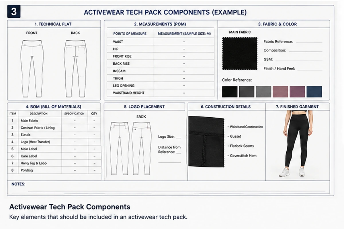 Activewear Tech Pack Checklist: From Quote to Sample to Bulk Production 3 Key components of an activewear tech pack including flats, measurements, fabric, BOM and construction details