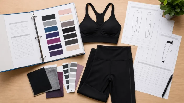 Activewear tech pack flat lay with sports bra, leggings, fabric swatches and technical sketches