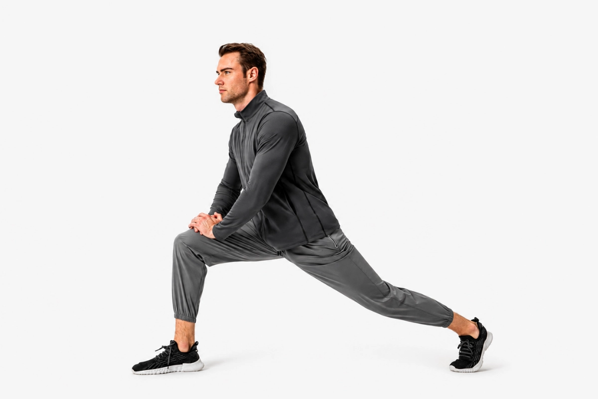 Activewear fit review during a lunge movement test to check mobility and garment performance