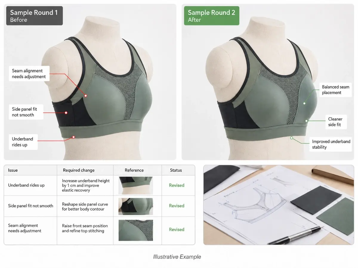 Illustrative activewear sample revision showing sports bra fit, seam placement and underband changes
