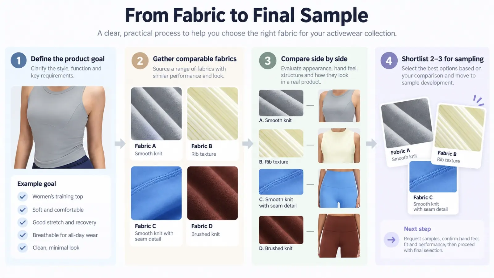 Activewear fabric selection process from product goal to shortlist for garment sampling