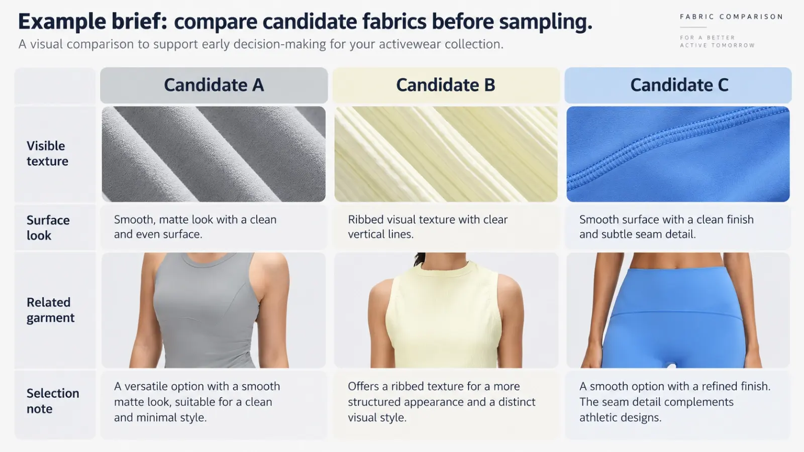 Candidate activewear fabrics compared by visible texture, surface look and related garment
