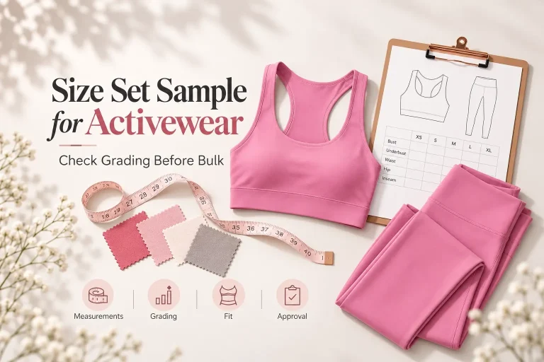 Pink activewear size set with sports bra, leggings, measuring tape and grading chart before bulk production