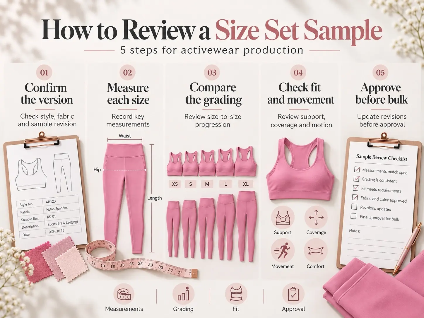 Five-step activewear size set sample review showing version check, measurements, grading, fit and bulk approval