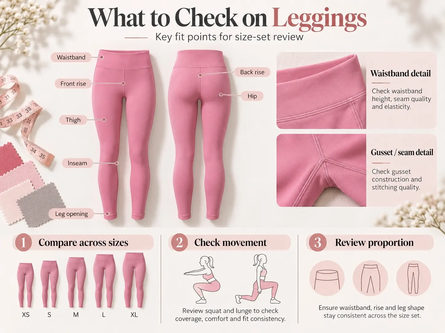 Pink leggings showing waistband, rise, thigh, inseam and leg opening review points across a size set