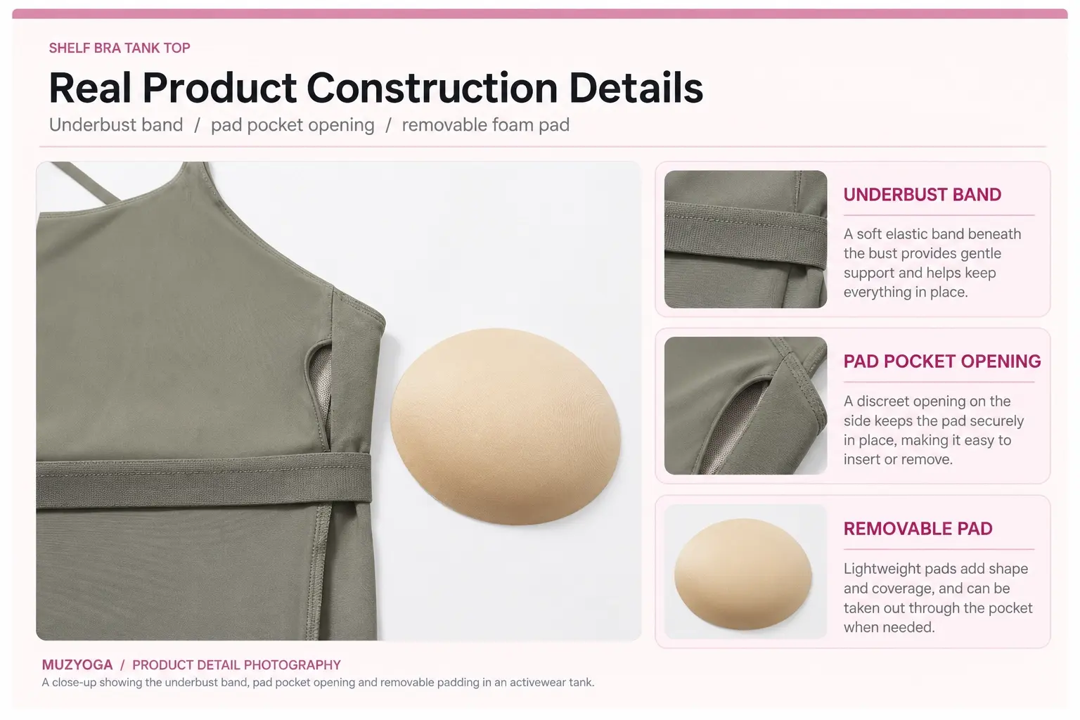 Close-up of a sage green activewear tank top showing the underbust band, side pad pocket opening and removable foam pad.