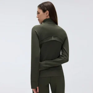 Back view of an Olive Green fitted workout jacket showing the curved upper-back panel, small hanging loop and long sleeves with dark seam detailing.