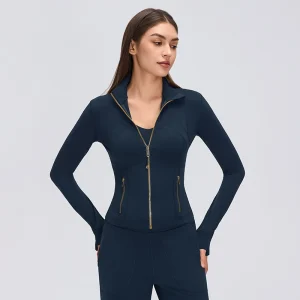 Front view of a Navy Blue fitted workout jacket with gold-tone front zipper, matching zip pockets, contoured seams and thumbhole cuffs.