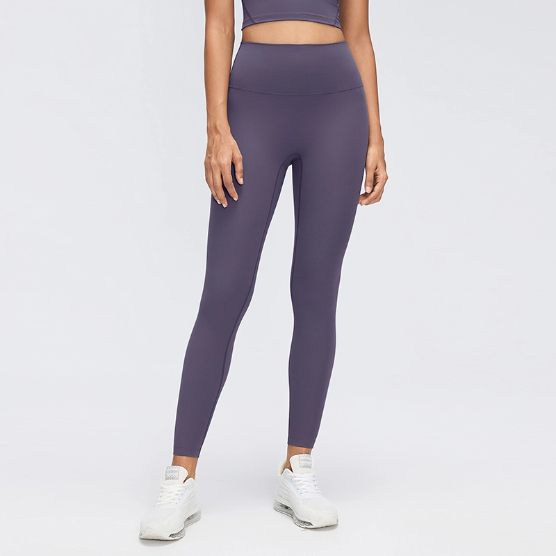Women's High-Waisted No-Front-Seam Yoga Leggings 1 Front view of women's high-waisted yoga leggings in Deep Purple, showing a smooth front panel and fitted ankle-length legs.