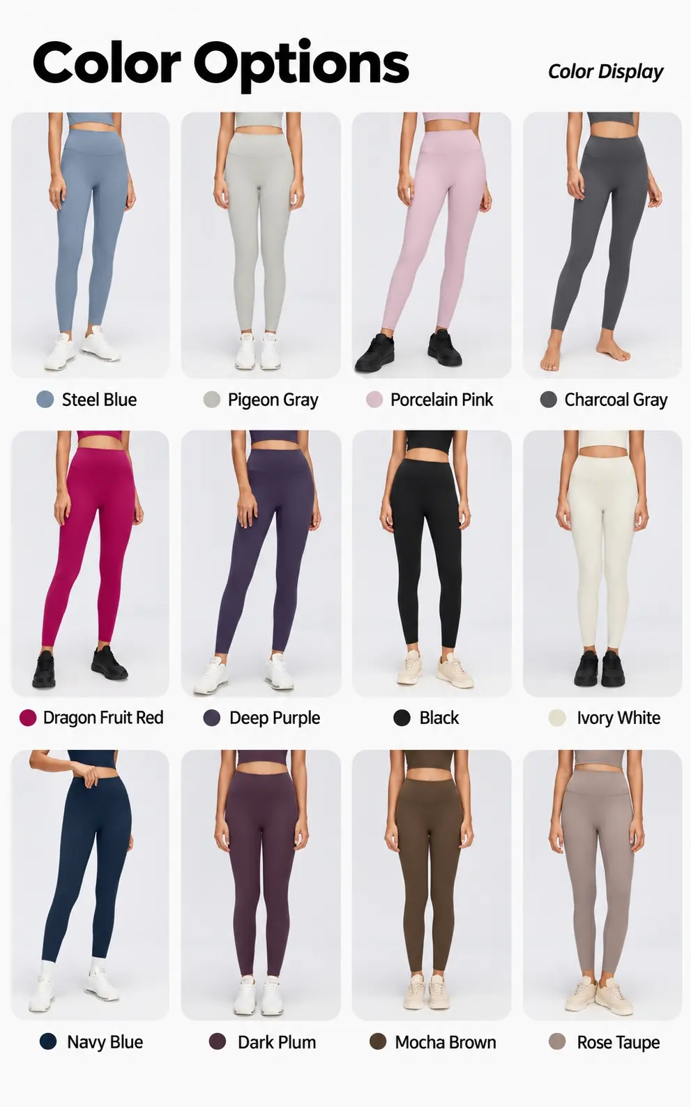 Women's High-Waisted No-Front-Seam Yoga Leggings 7 Color chart showing 12 yoga leggings shades including Steel Blue, Pigeon Gray, Deep Purple, Black, Navy Blue and Rose Taupe.