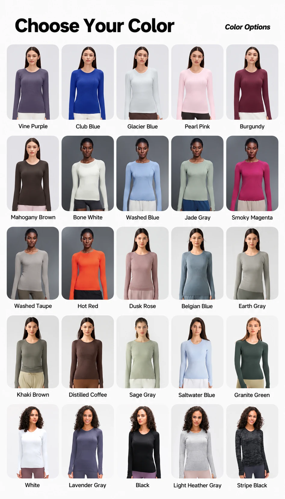 Women's Seamless Long Sleeve Workout Top with Thumbholes 6 Color reference chart for women's long sleeve workout tops displaying 25 labeled shades including Burgundy, Club Blue, Pearl Pink and Black.