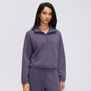 Front view of women's Grape Purple modal blend half-zip sweatshirt with stand collar, kangaroo pocket and relaxed fit.