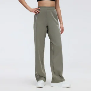 Front view of women's straight-leg track pants in Warm Taupe Gray, showing a high-rise waistband, contrast side stitching and relaxed open hems.