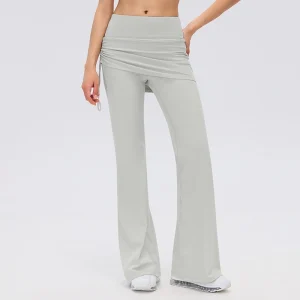 Front view of women's Pigeon Gray high-waisted skirt overlay flare pants with a side-ruched drawstring and full-length flared legs.