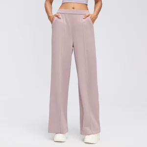 Front view of Smoky Pink modal blend wide-leg pants showing the wide waistband, vertical front seams and relaxed full-length legs.