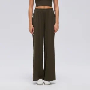 Front view of women's Walnut Brown wide-leg pants with a gathered elastic waistband, relaxed full-length legs and open hems.
