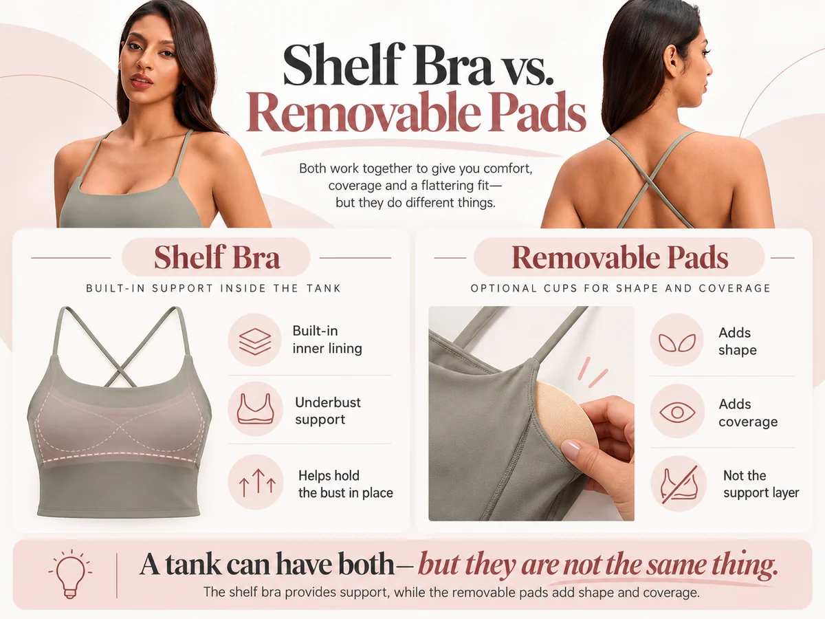 Comparison infographic showing shelf bra inner support and removable foam pads used for shape and coverage in tank tops. 