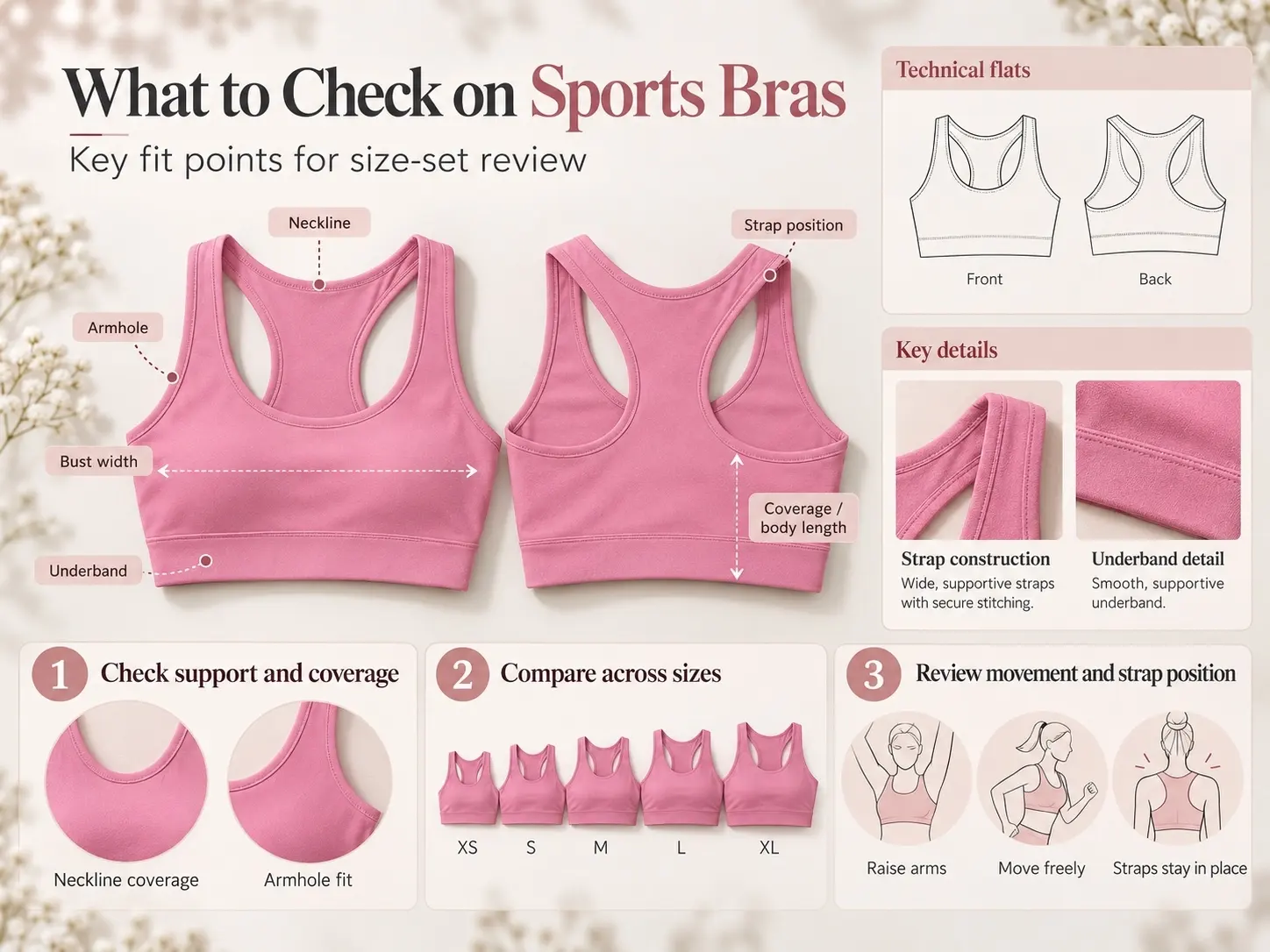 Pink sports bra showing neckline, armhole, strap, underband and coverage points for size set review
