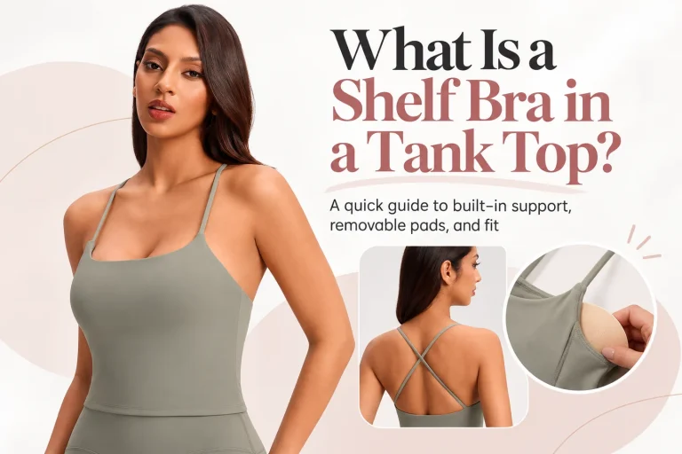 MUZYOGA taupe yoga tank top shown from the front and back, with a removable pad detail in a shelf bra guide.